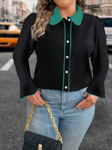 SHEIN Clasi Plus Size Women Elegant Elegant Contrast Collar Flare Sleeve Piping Blouse, Spring Autumn