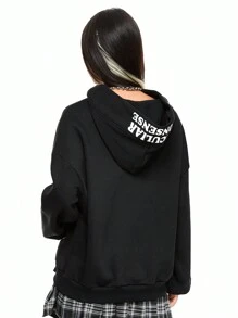 ROMWE 休闲街头趣味图案印花宽松套头连帽运动衫 - 黑色 - 查看 4