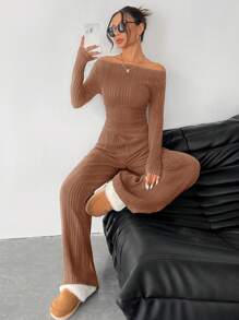 SHEIN PETITE Bộ đồ hai mảnh áo len dệt kim xẻ lỗ màu xám đậm dành cho nữ + quần ống rộng - màu nâu - Xem 5