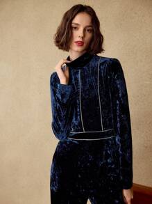 MOTF PREMIUM VELVET MOCK NECK RHINESTONE TRIM SLANT POCKET JUMPSUIT - Blue - View 8