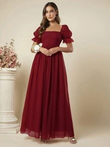 SHEIN Belle Solid Color Short Sleeve Pleated Simple Long Bridesmaid Dress For Adult, Elegant Dress