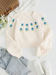 Flirla Dames ronde hals lange mouw bloemen borduurwerk casual trui