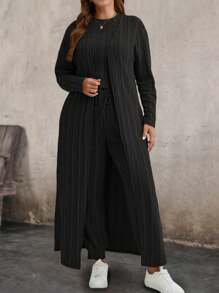 SHEIN LUNE Ensemble grande taille composé d'une veste à manches longues de couleur unie, d'un Top simple à col rond avec un nœud devant et d'un pantalon - Noir - Voir 5