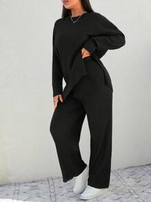 EURMUSE Plus Ribbed Knit Drop Shoulder Split Hem Tee & Pants - Black - View 4