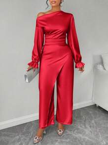SOLERSUN One Shoulder Sexy And Simple Wide Leg Jumpsuit And Elegant Style For New Year Holiday Party Clothes Fall Cloth For Women - Red - View 5