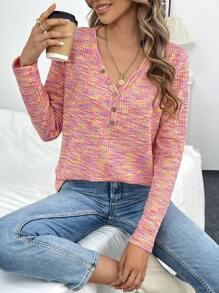 SHEIN LUNE Half-Placket Buttoned Batwing T-Shirt With Waffle Texture Fall Cloth For Women - Hot Pink - View 5