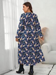 Glamance Pati Paints Women Royal Blue Plus Size Dresses Long Sleeve V Neck Casual All Over Print,Plants,Plain Summer Outfits For Women Summer Dress For Women Sundress For Women Vacation Dress Going Out - Royal Blue - View 2
