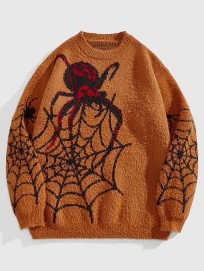 Street Life Men Crew Neck Fur Spider Jacquard Knitted Pullover Sweater, Streetwear, Halloween