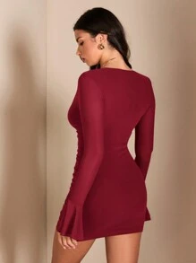 SHEIN BAE Women's Autumn Long Sleeve Deep V-Neck Ruffle Pleated Sexy Party Date Night Dress For Events