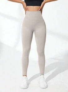 Gameset SHEIN Sport 女士纯色高腰无缝弹力紧身裤 - 香檳色 - 查看 5