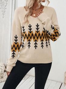 SHEIN LUNE Pull tricoté bohème à motif col en V décontracté pour femme, automne hiver