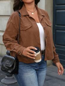 SHEIN LUNE Plus Size Women Single-Breasted Short Casual Jacket, Solid Color Long Sleeve, Autumn