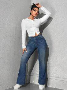 SHEIN EZwear Damen Knopfleiste Taschen Lässig Jeans, für den täglichen Gebrauch