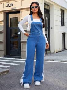 SHEIN Essnce Women's Simple Wide Strap Button Pocket Casual Denim Jumpsuit - Dark Wash - View 6