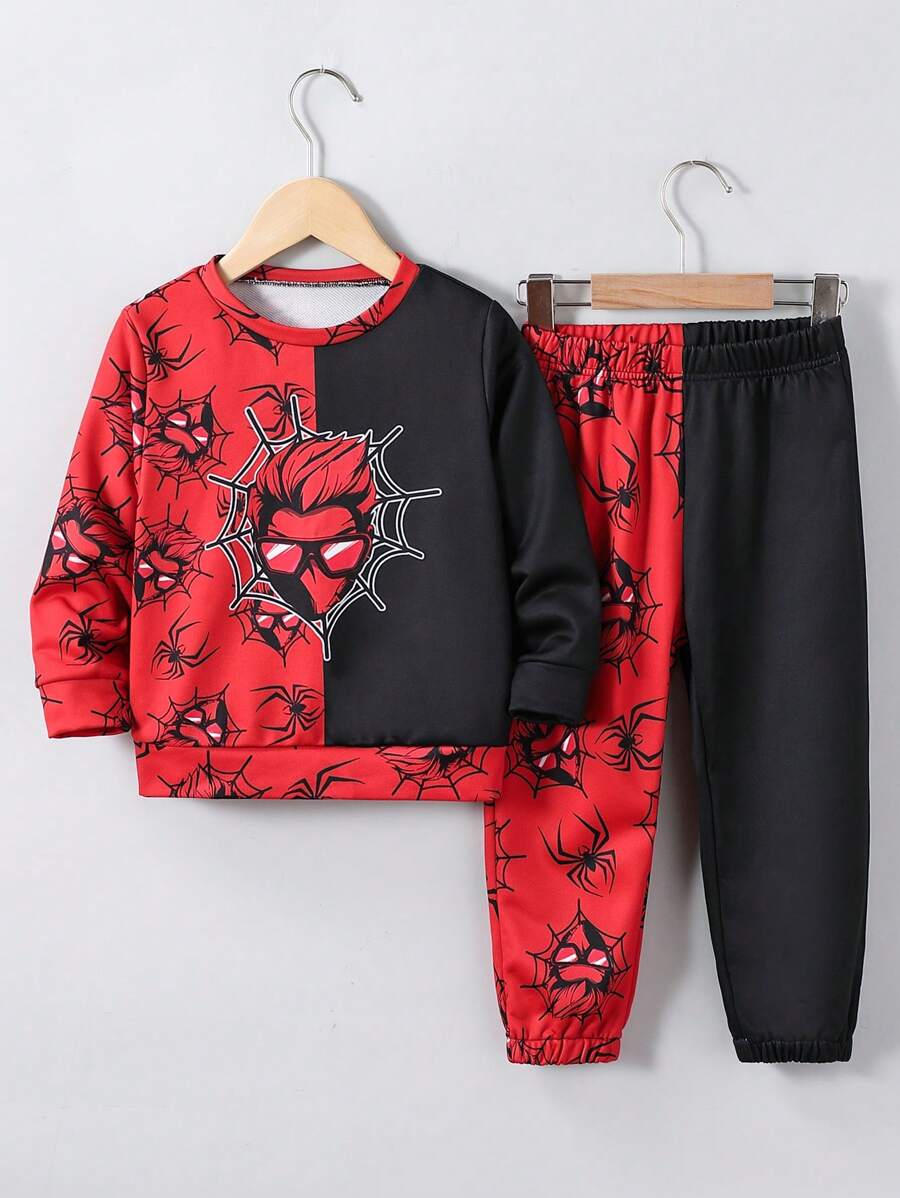 2件套男童纯色拼接圆领长袖休闲上衣和裤子套装 - 黑色 - 查看 1