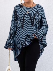 Calvaya Plus Size Asymmetric Hem Geometric Print Frill Trim Long Sleeve Shirt