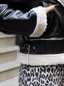 EURMUSE Contrast Fur Collar Teddy Patchwork Zip Up Coat - Black - View 4