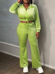 Slaydiva 2pcs/Set Plus Size Casual Sports Zip-Up Jacket And Flare Pants, Green, Autumn/Winter