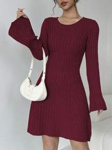 Elenzga Women Solid Color Round Neck Long Sleeve Casual Sweater Dress, Fall Autumn/Winter - Burgundy - View 6