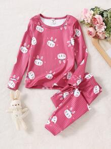 Young Girl Cute Rabbit Print Ribbed Knit Long Sleeve Pajama Set With Trousers, Snug Fit - Hot Pink - View 6