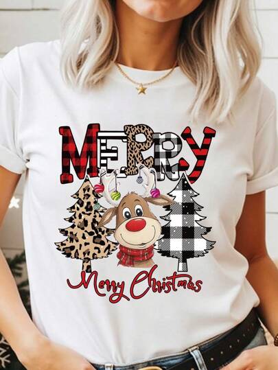 SHEIN Camiseta de manga corta básica con diseño impreso de reno navideño, estampado de leopardo, árbol de Navidad y lema creativo para mujer