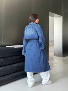 SHEIN EZwear Women's Casual Long Sleeve Mid-Length Blue Denim Jacket - Blue - View 2