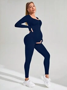 SHEIN Gravida kvinnor Enkel enfärgad långärmad passformad ribbad jumpsuit, för gravida kvinnor - Marinblå - Visa 1