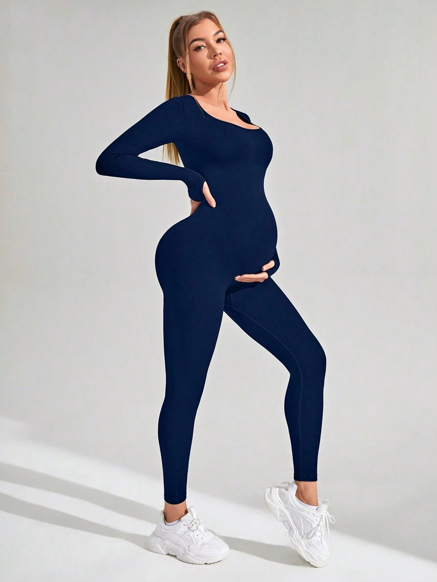 SHEIN Gravida kvinnor Enkel enfärgad långärmad passformad ribbad jumpsuit, för gravida kvinnor - Marinblå - Visa 1
