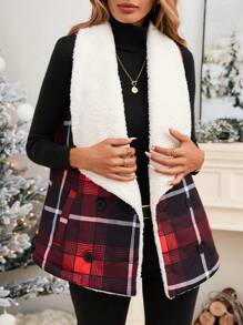 SHEIN LUNE Christmas Red Plaid Flannel Padded Vest For Women, Winter Christmas Outfits Christmas Vacation Teddy Coat Thanksgiving Outfit Holiday Outfits New Years Outfit