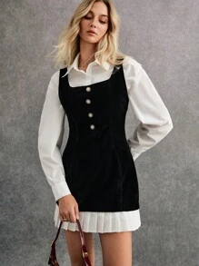 Poéselle Mini Black Dress, Pleated Patchwork Dress, 2 In 1 Dress, Decorated With Faux Pearl Buttons, New Year Eve Dress,Fall Women Dresses,Elegant And Playful,Women Contrast Color Button Design Patchwork Pleated Hem Elegant Suspender Short Dress,Suitable For Everyday, Out Of The Street, Dating, Vacation, Commuting And Other Occasions To Wear - Black - View 3