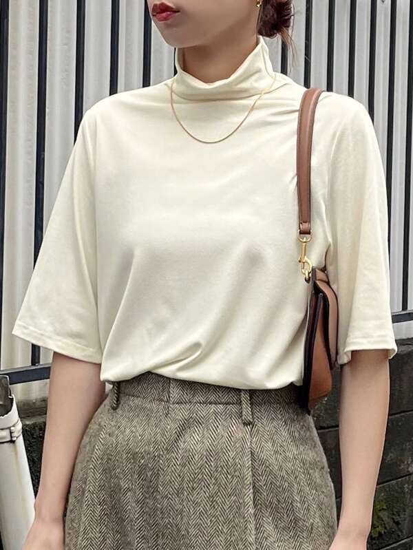 FRIFUL Camiseta de mujer de moda con cuello alto de unicolor casual