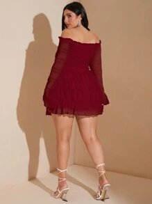 SHEIN BAE Plus Size Fall Sweet And Sexy Ruffle Texture Off-Shoulder Long-Sleeved Pleated Layered Ruffle Mini Dress - Burgundy - View 2