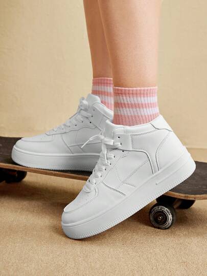 CUCCOO EASI Zapatillas deportivas casuales con plataforma impermeable, color blanco, de suela gruesa y con cordones delanteros, para mujer, ideal como calzado casual, escolar o de primavera.