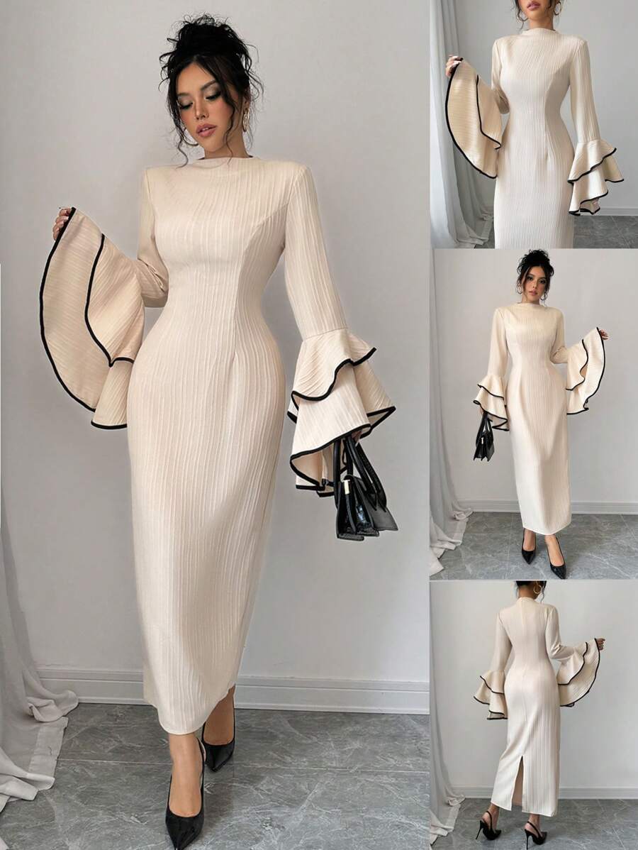 Selianne Elegant Color Block Ruffle Flare Sleeve Dress, Autumn Maxi Women Outfit - Apricot - View 1