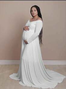 Pregnant Women Open Shoulder Extra Long Maternity Dress For Photography - White - View 3
