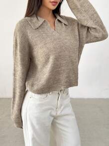SHEIN PETITE Women's Casual Crew Neck Long Sleeve Knit Sweater