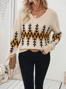 SHEIN LUNE Pull tricoté bohème à motif col en V décontracté pour femme, automne hiver