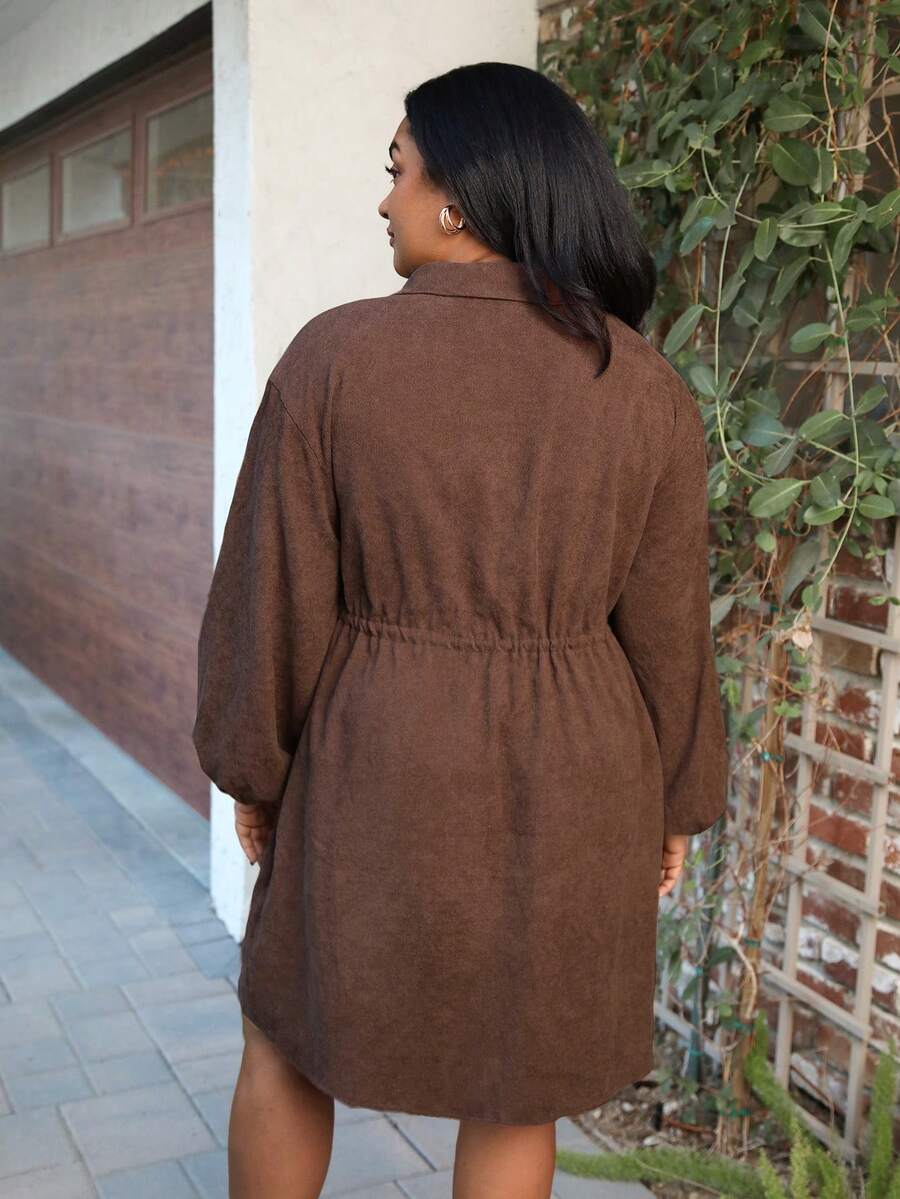 SHEIN LUNE Plus Size Corduroy Ribbed Waistband Drawstring Shirt Dress
