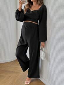 SHEIN 2pcs Pregnancy Casual Solid Color Sweetheart Neck Lantern Sleeve Crop Top & Elastic Waist Wide-Leg Pants Set, Spring/Autumn, For Maternity