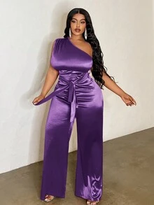 Slaydiva Bộ đồ liền thân dài ống thẳng, buộc vai bất đối xứng cỡ lớn, màu tím, mùa thu/đông - Màu tím - Xem 4