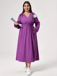 TaskEZ 大码纯色 V 领长袖休闲直筒护士连衣裙，带口袋