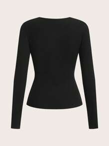SHEIN EZwear Women's Solid Color Front Button Long Sleeve Minimalist T-Shirt, Casual Everyday Wear - Black - View 8