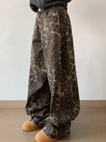 DAZY Women Straight Loose Wide-Leg Long Jeans, Casual Street Style Cheetah Print