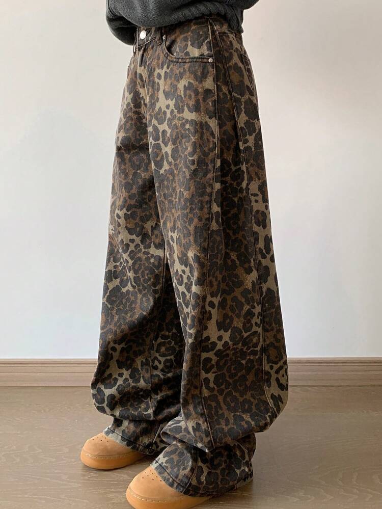 Women Straight Loose Wide-Leg Long Jeans, Casual Street Style Cheetah Print Low Rise Jeans Leopard Print