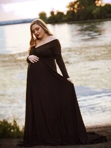 Maternity Open Shoulder V-Neck Long Sleeve Floor-Length Dress For Photography - Black - View 6