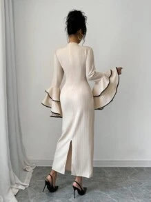 Selianne Elegant Color Block Ruffle Flare Sleeve Dress, Autumn Maxi Women Outfit - Apricot - View 2