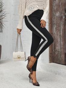 SHEIN LUNE 女士休闲闪亮拼布紧身牛仔裤