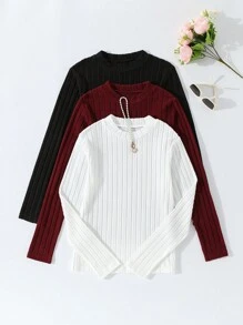 Teen Girls 3pcs/Set Casual Simple Solid Velvet Rib T-Shirt, Autumn - Multicolor - View 1
