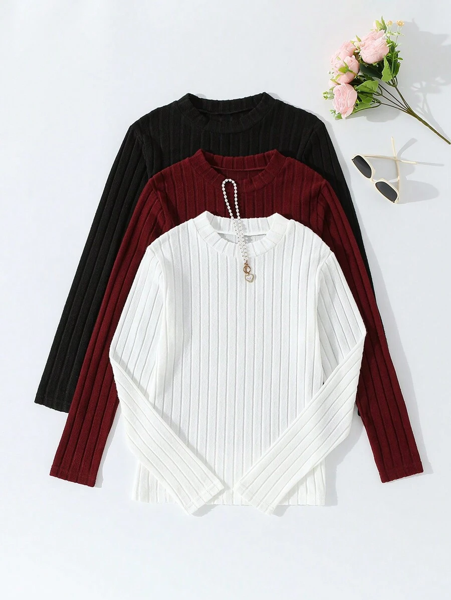 Teen Girls 3pcs/Set Casual Simple Solid Velvet Rib T-Shirt, Autumn - Multicolor - View 1