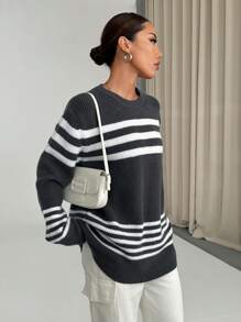 SHEIN Unity Women Casual Contrast Striped Loose Knit Pullover Sweater, Autumn/Winter, Knit Pullover Fall - Grey - View 4